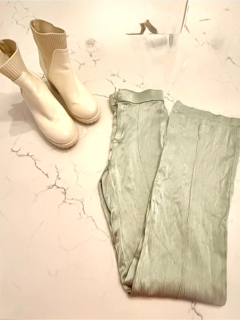 Zara Sage Green Shimmer Knit Wide Leg Pants High Rise Stretch XS